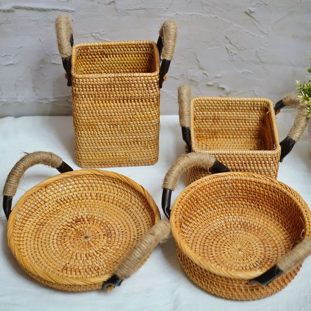 Refreshment Plate Fruit Basket With Rattan Leather Handle