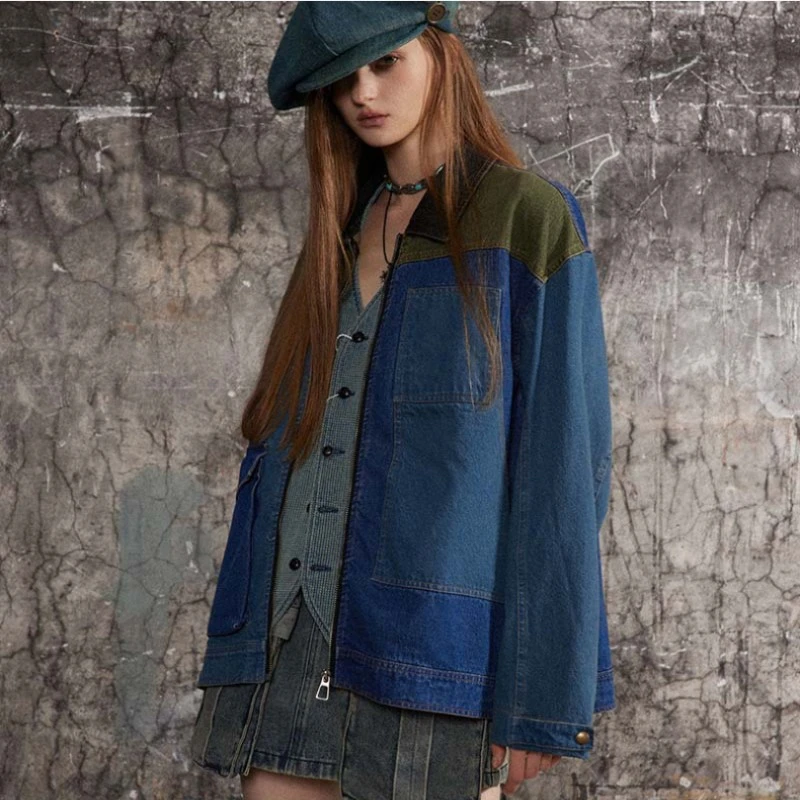 Retro Distressed Loose Leisure Washed-out Patchwork Denim Jacket
