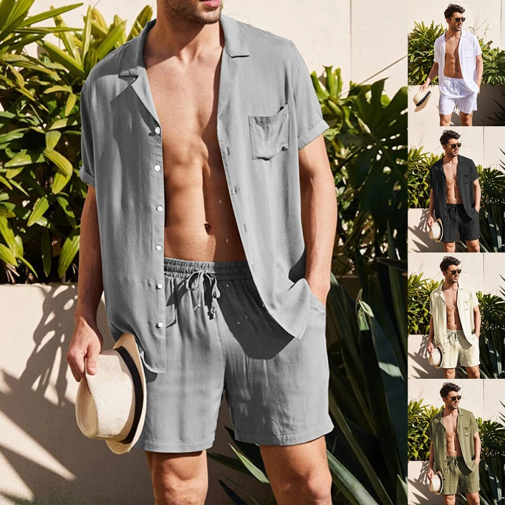 Men's Short Sleeve Shirt Suit Summer Lapel Button Top With Pocket And Drawstring Shorts Fashion Beach Suits