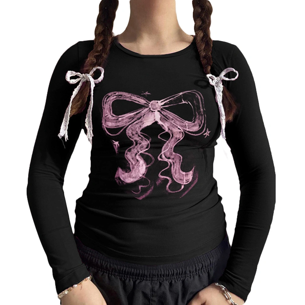 Women's Slim Gothic Tops Bowknot Print Long Sleeve Grunge T-Shirts