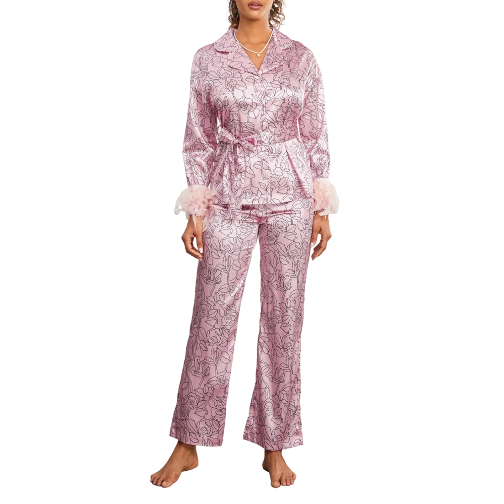 Long Sleeve Button Down Tops + Elastic Waist Pants Women’s Satin Pajama Set