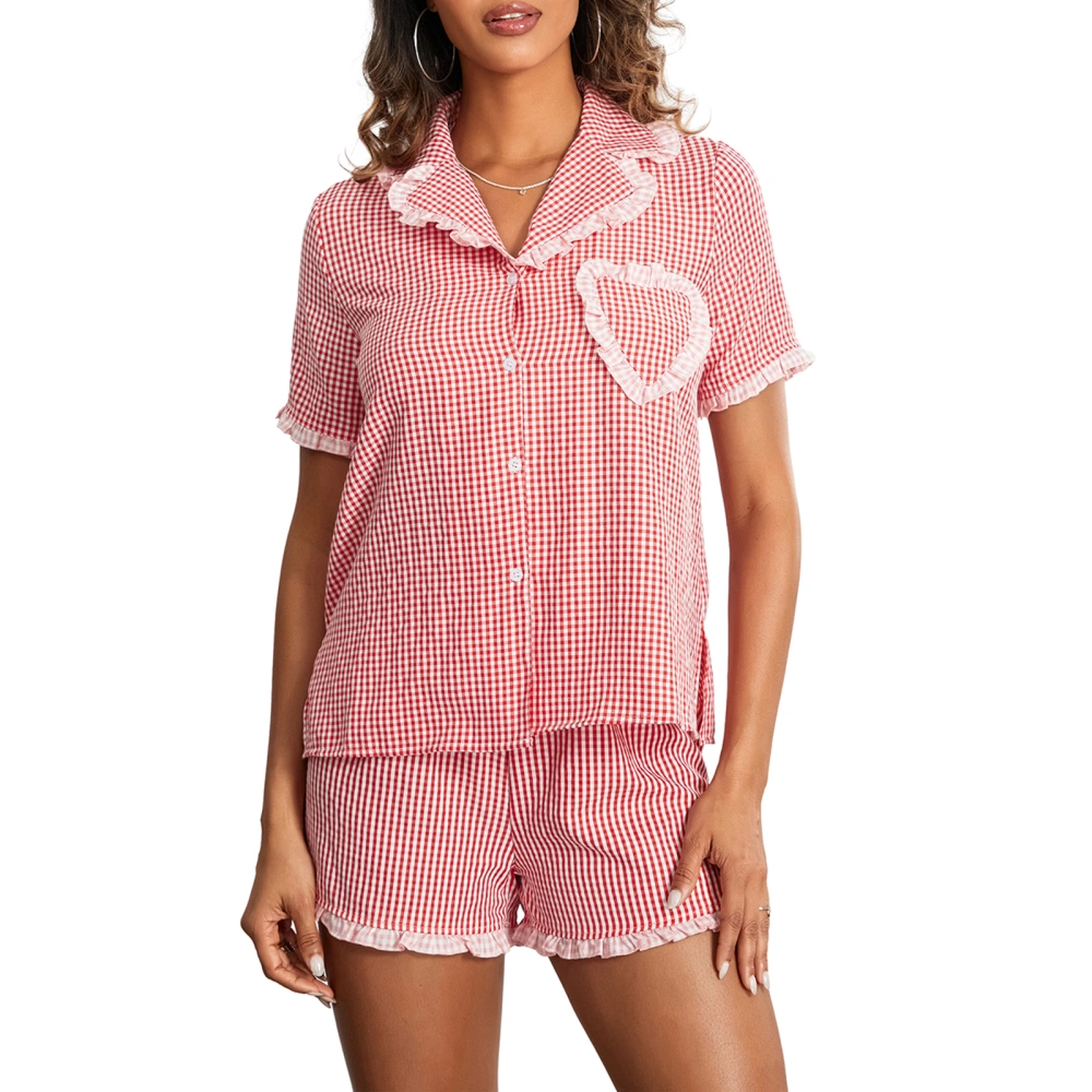 Women's Short Sleeve Lapel Tops Pink Plaid Shorts Sleepwear Sets