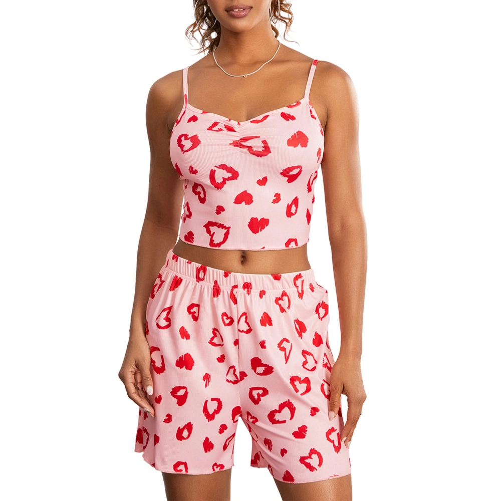 Women's Summer Pajama Set, Cami Crop Tops + Elastic Waist Shorts 