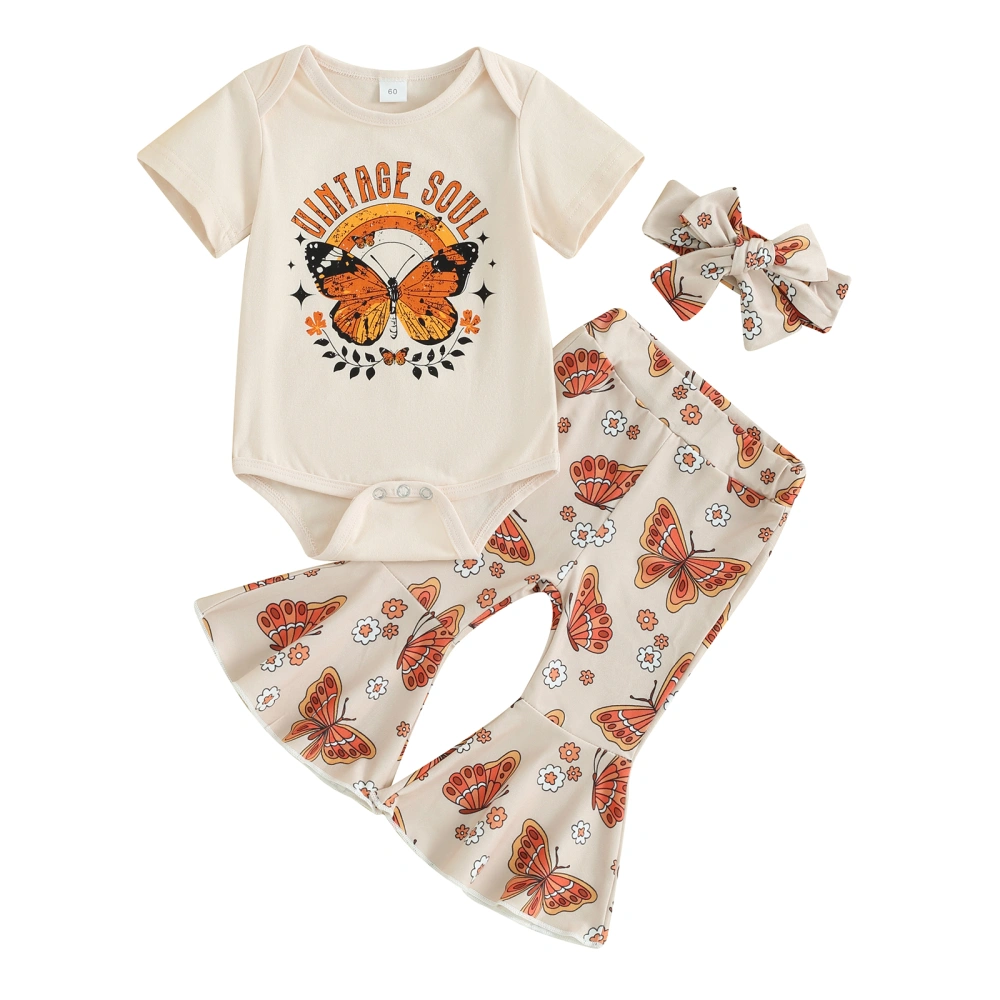 Girls 3 Piece Outfit Butterfly Print Romper and Flare Pants Headband