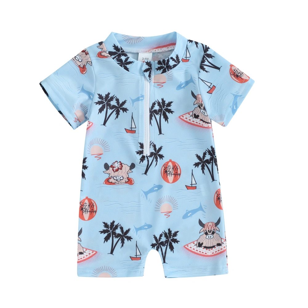 Baby Boys Rash Guard, Short Sleeve Tree Fish Print Summer Jumpsuit