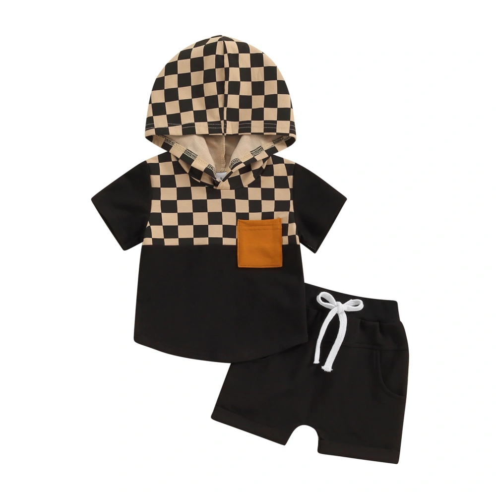 Boys 2 Piece Outfits Checkerboard Patchwork Hoodie T-Shirt and Shorts