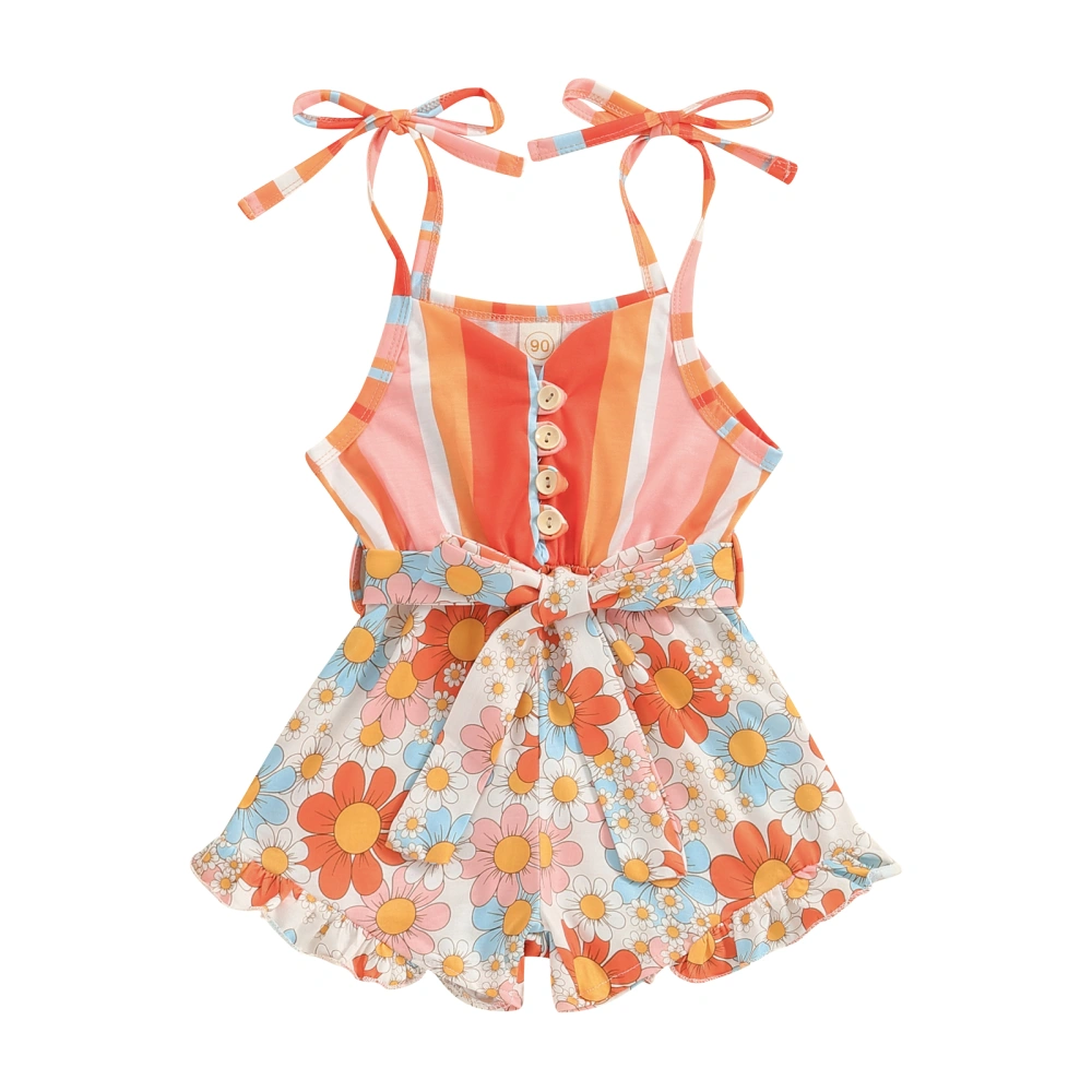 Girls Jumpsuit, Spaghetti Straps Stripes Flower Print Romper with Belt