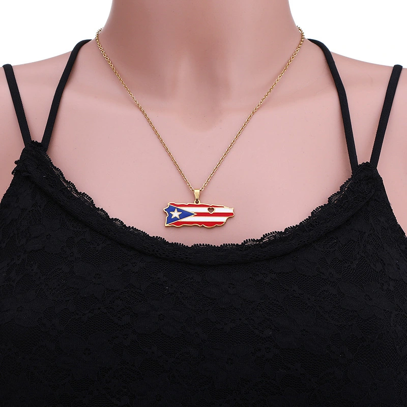 Stainless Steel Drip Oil Puerto Rico Heart Map Pendant Necklace