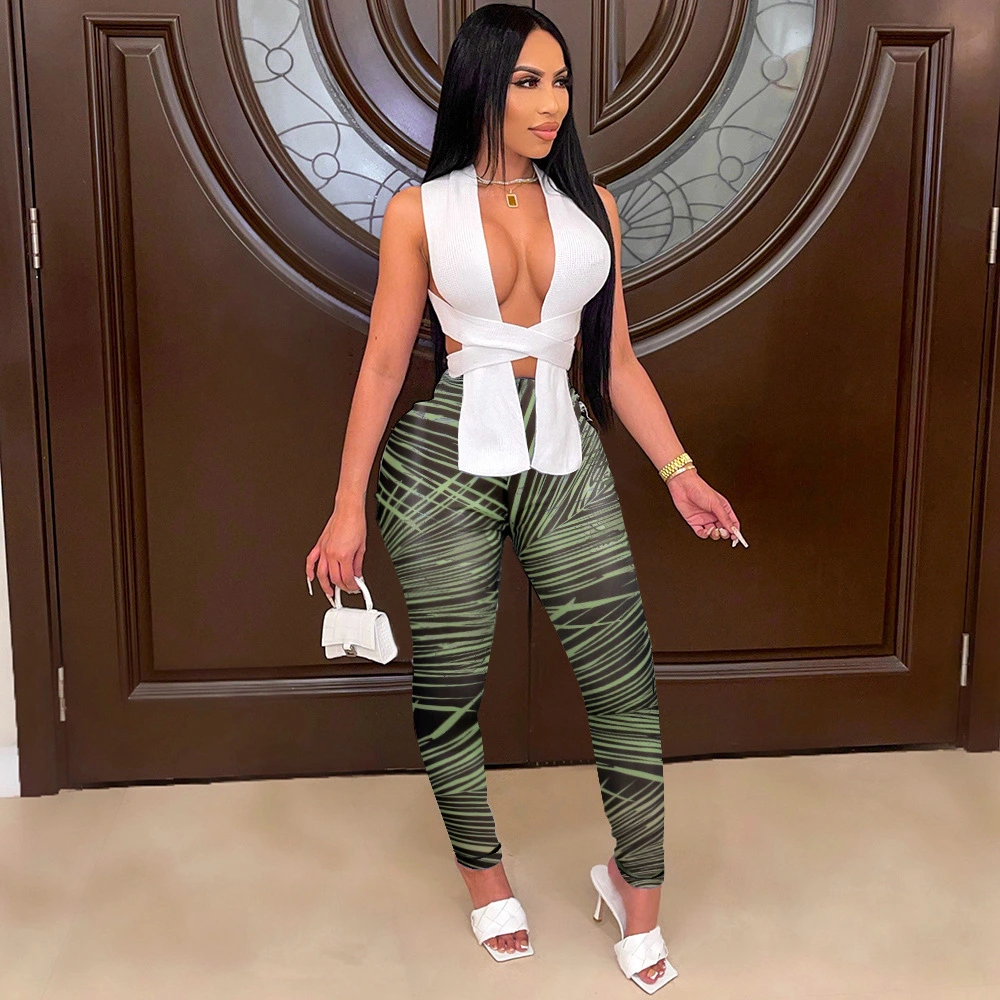 Two-piece Halter Neck Wrap-print Trousers Set