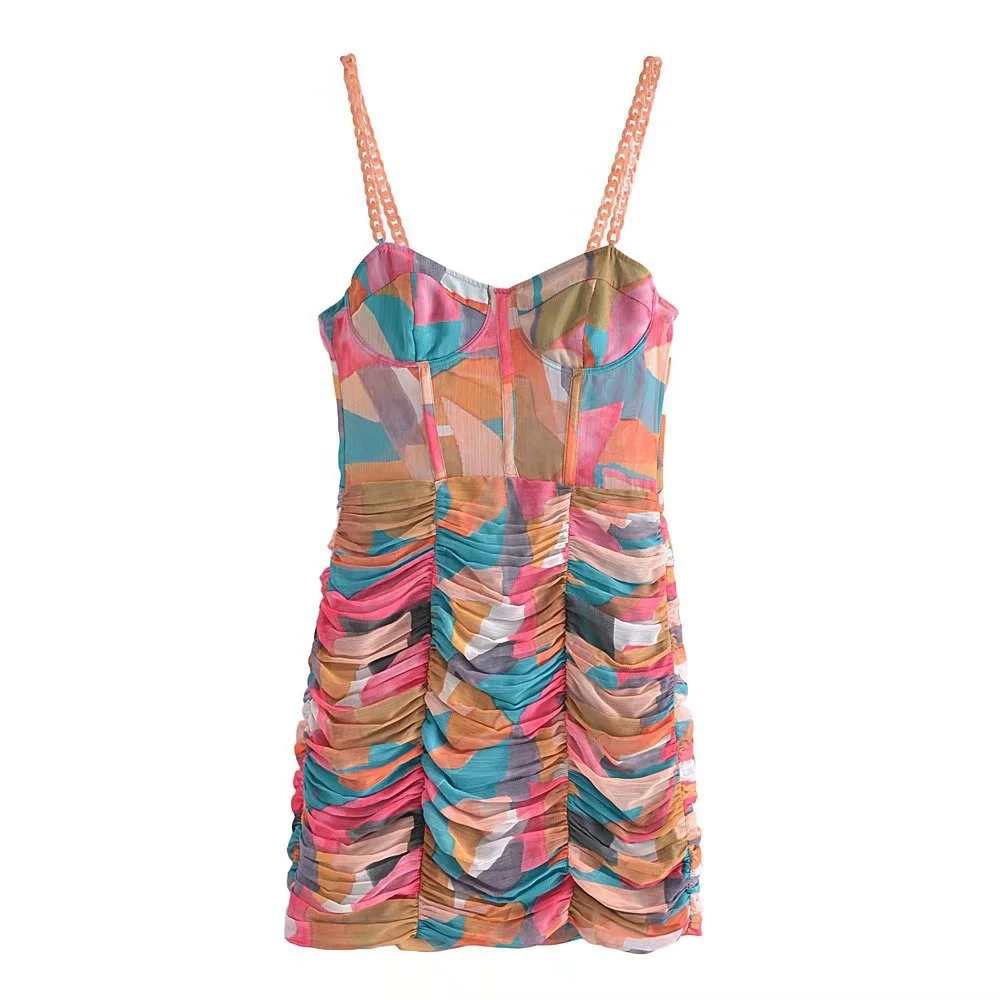 French Vintage Chain Sling Print Dress