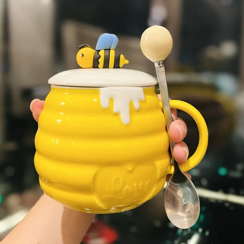 Cute Bee Ceramic Pot Belly Cup With Lid Spoon