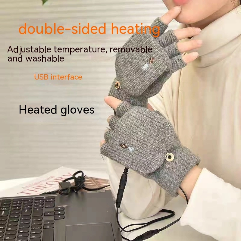 Flip Half Finger Knitted USB Heating Gloves