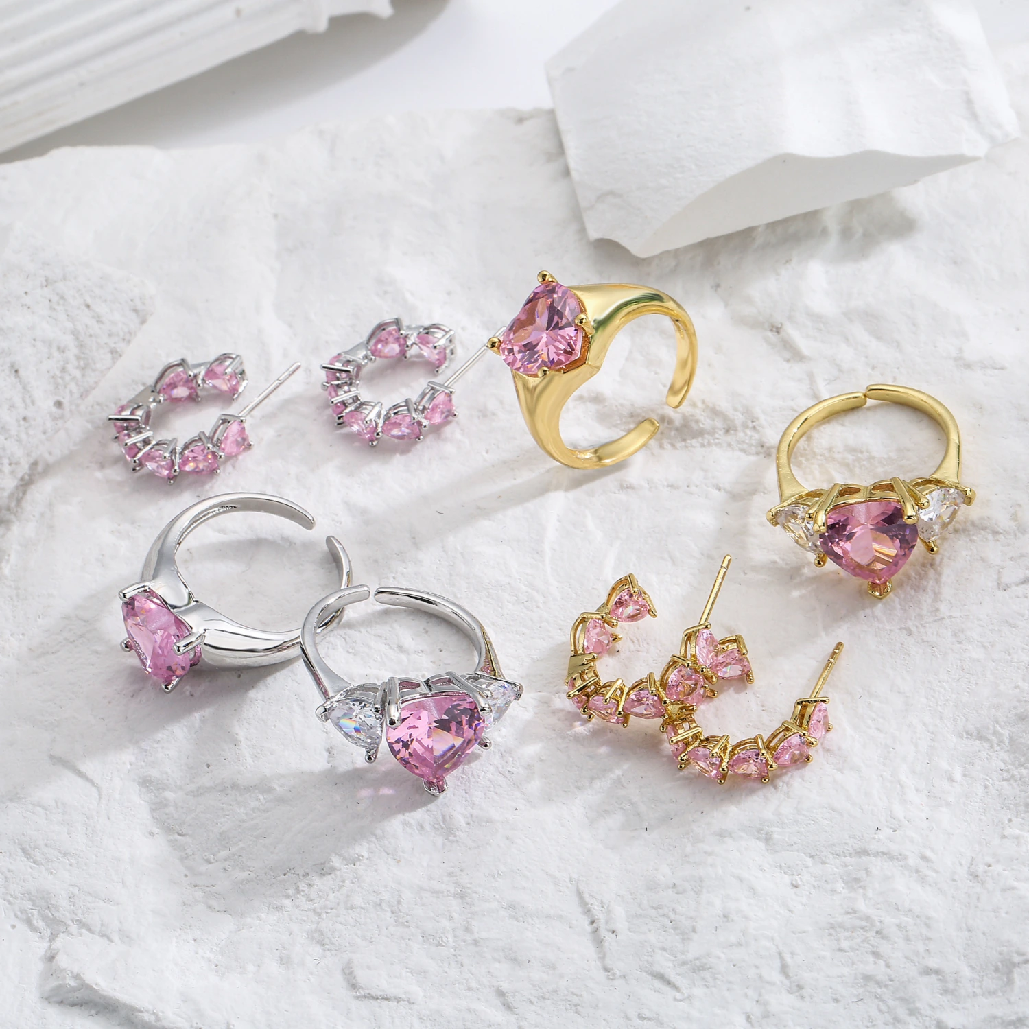 Women's Heart Shaped Zircon Earrings Adjustable Ring
