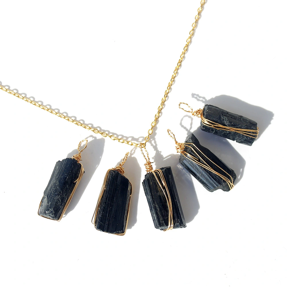 Natural Crystal Rough Black Tourmaline Gold Chain