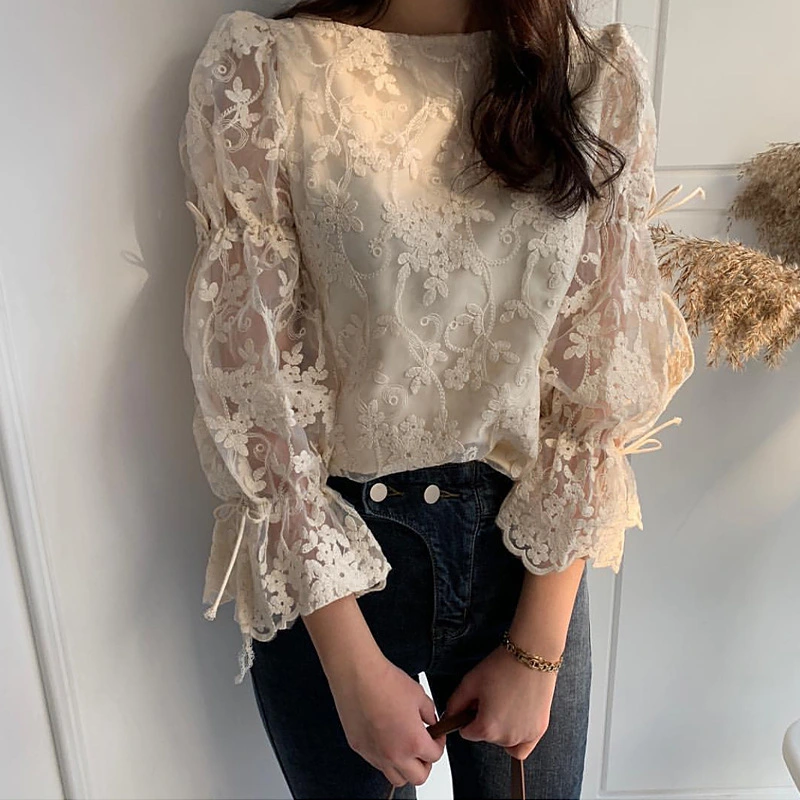 Lace Crochet Top Western Style Back Lace-Up Flared Sleeve Shirt Women