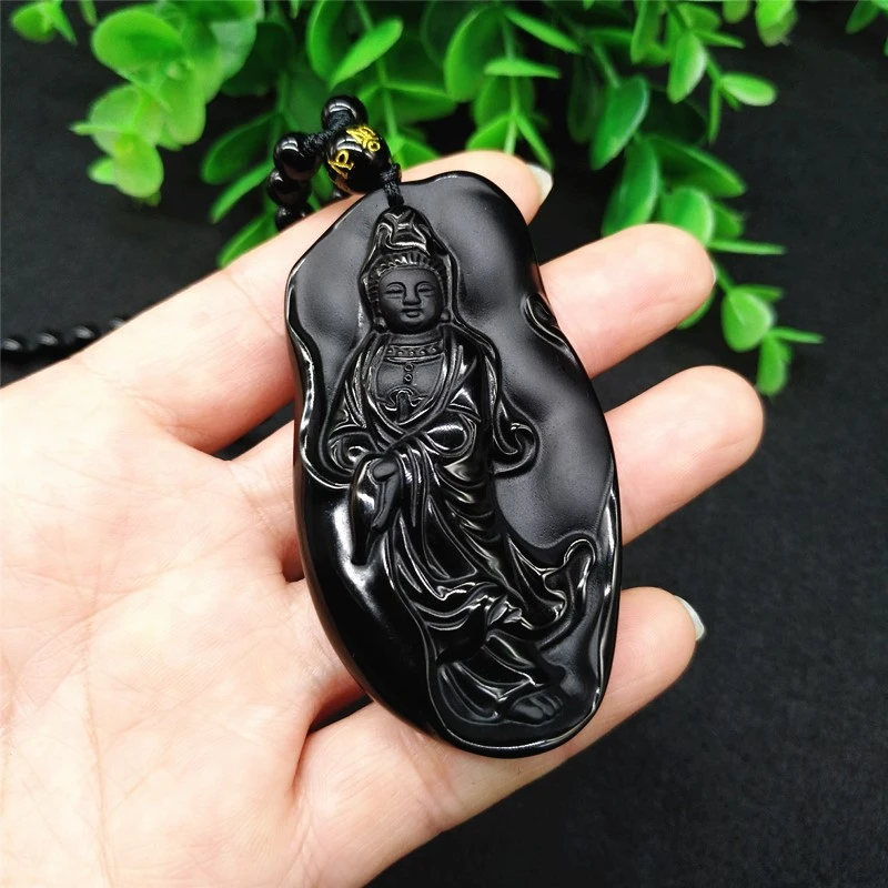 Obsidian Avalokitesvara Pendant Carved Frosted Lotus Leaf Alocasia Macrorrhiza Avalokitesvara Pendant Guanyin Bodhisattva Necklace Jade Pendant