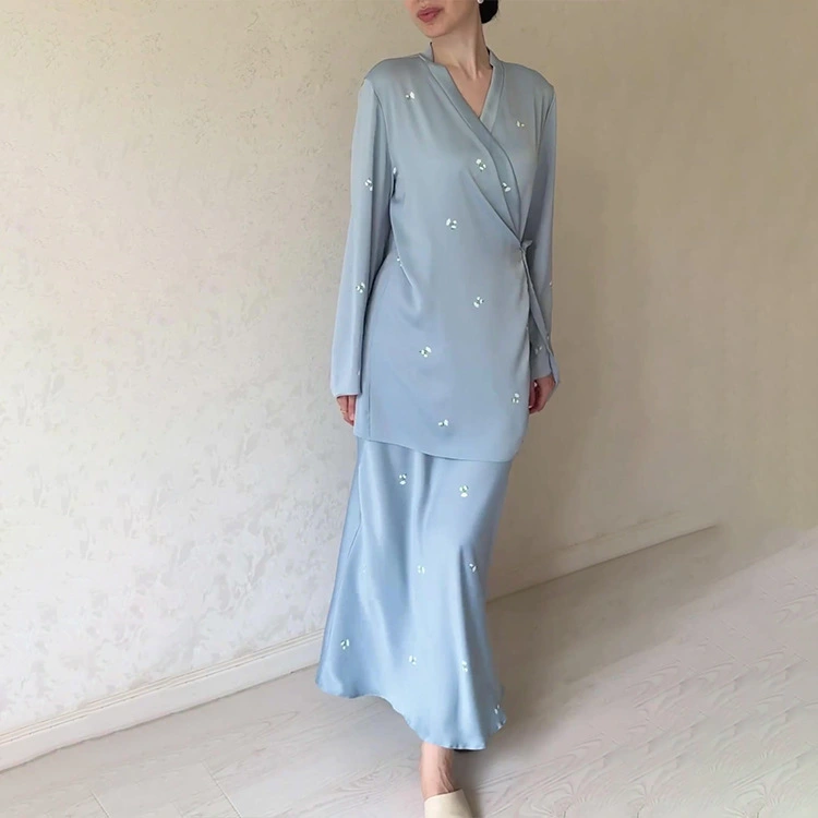 New V-neck Stylish Temperament Long Sleeves Embroidered Satin Dress Suit