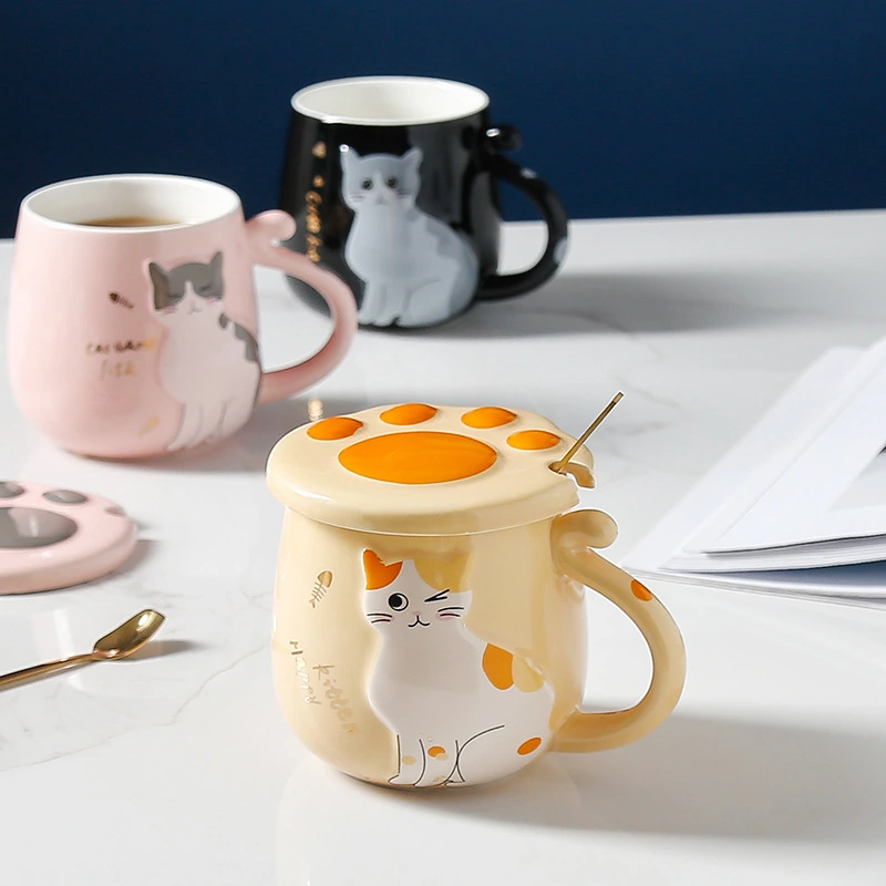 Creative Cartoon Ceramic Mug With Lid And Spoon Cat Claw Relief