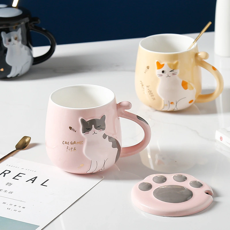 Creative Cartoon Ceramic Mug With Lid And Spoon Cat Claw Relief