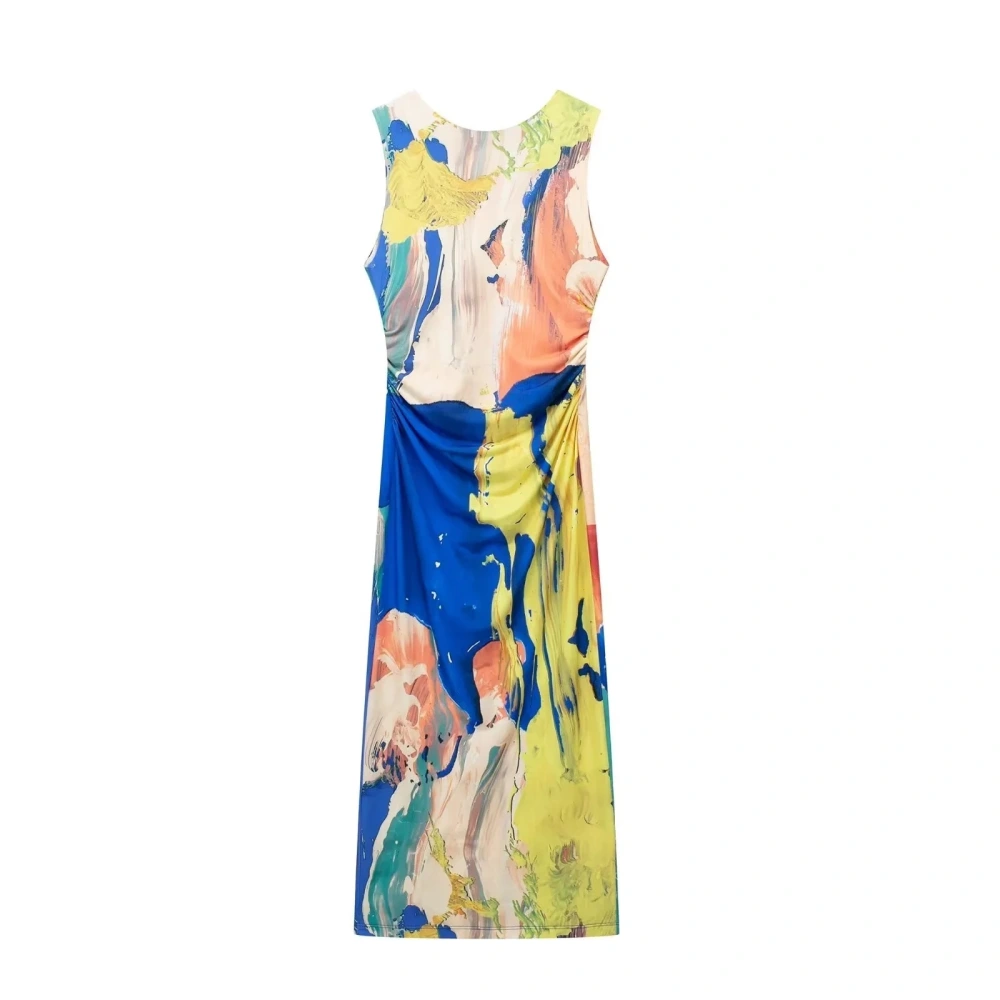 Sleeveless Round Neck Printed Midi Skirt Long Dress