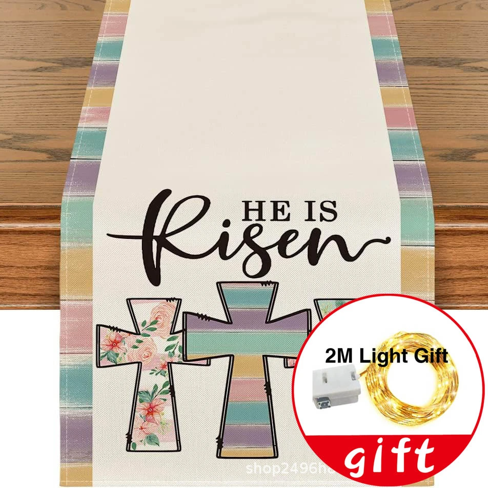 He is Risen Easter Table Runner, Spring Summer Seasonal Holiday Kitchen Dining Table Decoration for Indoor Outdoor Home Party Decor,33×183cm,A