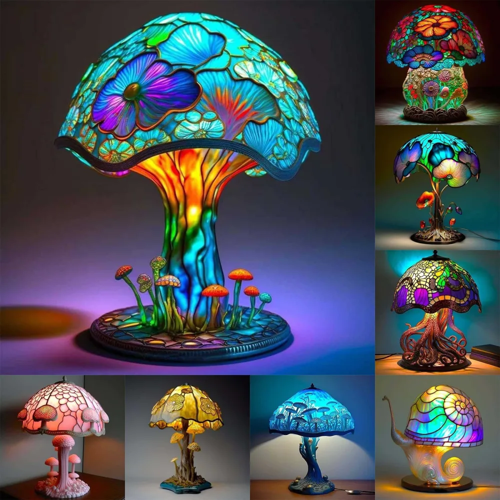 Painting Mushroom Table Lamp, 5.9 Inch Hight Stained Plant Series Night Light, Bohemian Resin Mushroom Decorative Bedside Lamp for Bedroom Living Room Home Office Decor Gift