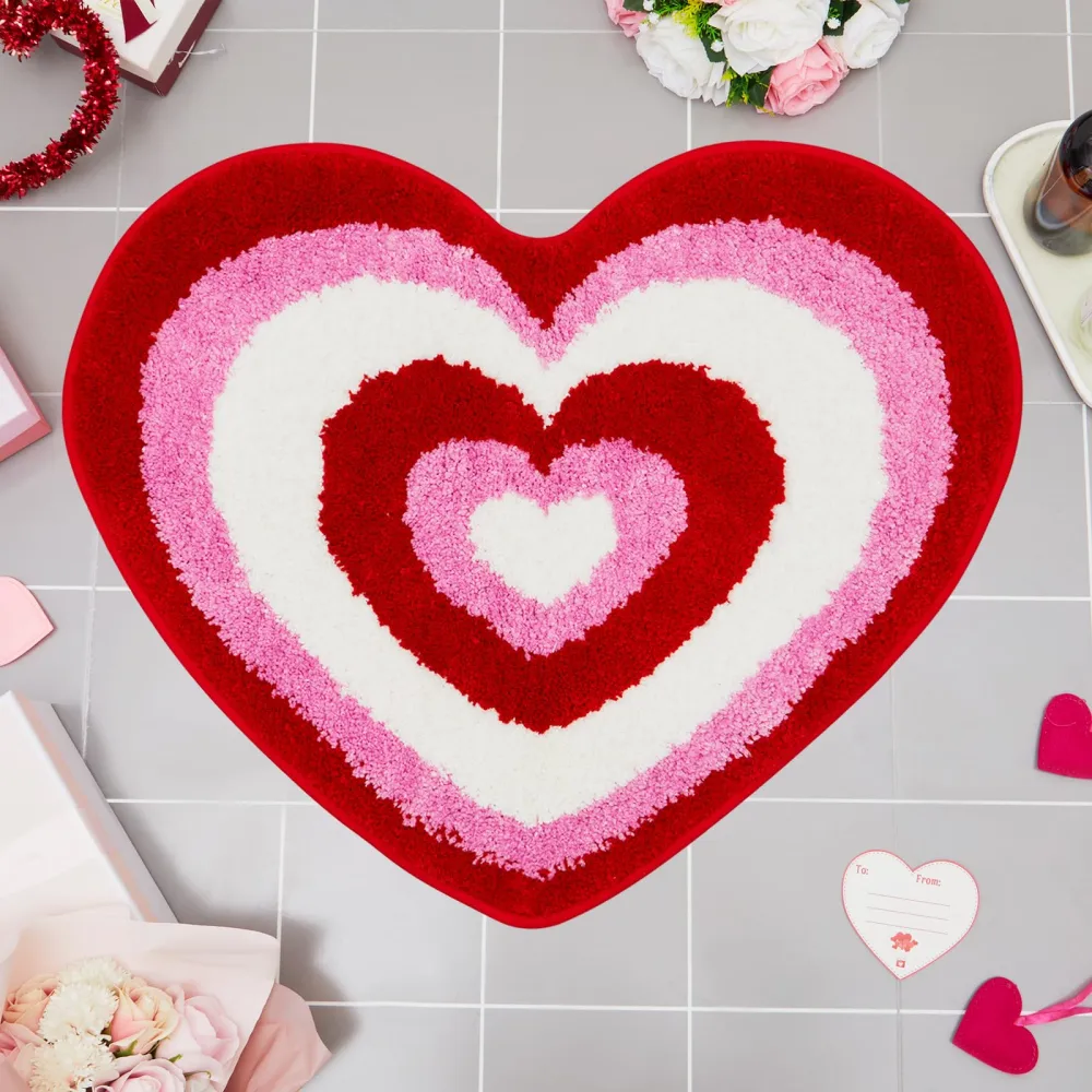 Valentine's Day Heart Shaped Rug Non Slip Bathroom Rug White Red Pink Bath Mat Shower Mat Decorative Love Floor Mat Washable Doormat Welcome Carpet for Bathroom Kitchen Living Room Home Decor,60x60cm