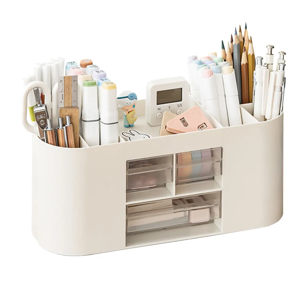 Pen Holder Storage Box, Desk Organiser, 10 Compartments, Large Capacity, Double Layer Transparent Drawer, Can Hold Pencils, Crayons, Various Stationery (White)