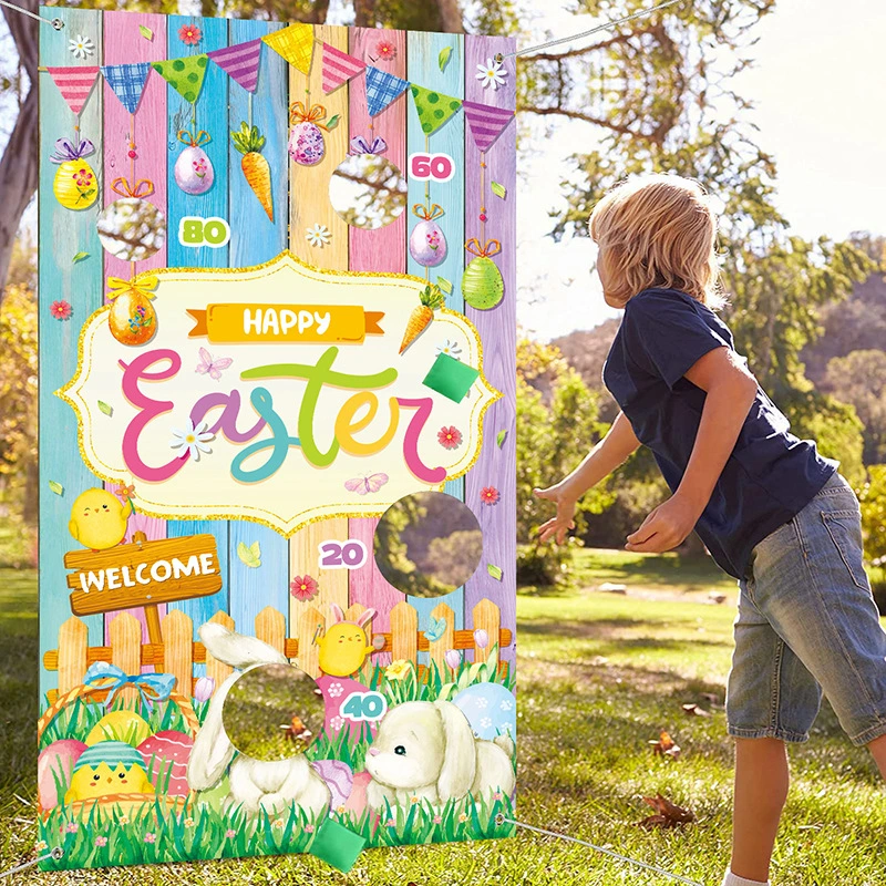 Easter Toss Game with 3 Bean Bags Easter Throwing Banner Bunny Indoor Outdoor Party Games Large Rabbit Toss Game Birthday Party Supplies for Kids Party Decoration,A