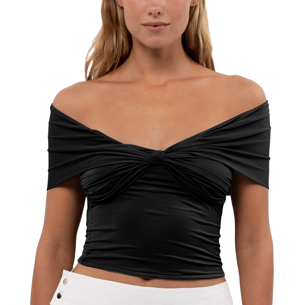 Women's V Neck Crop Tops Off Shoulder Short Sleeve Knot Front T-Shirts