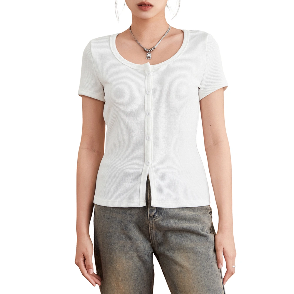 Women's Slim Tops Solid Ribbed Short Sleeve Button Down Cardigan 