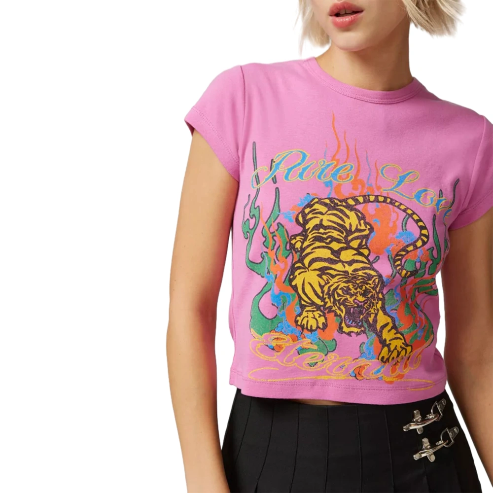 Women's Slim Crop Tops Letter Tiger Pirnt Short Sleeve Round Neck Tee