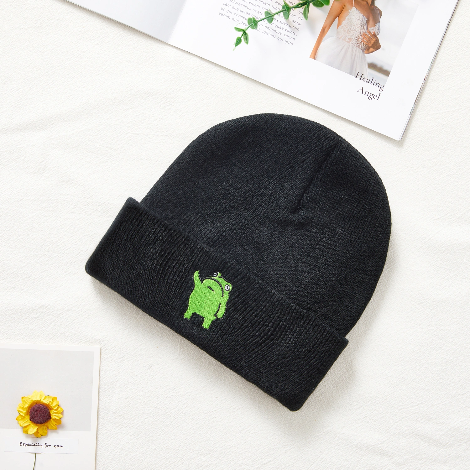 Womens Men Knit Beanie Hat Winter Frog Hats Cuffed Slouchy Ski Cap