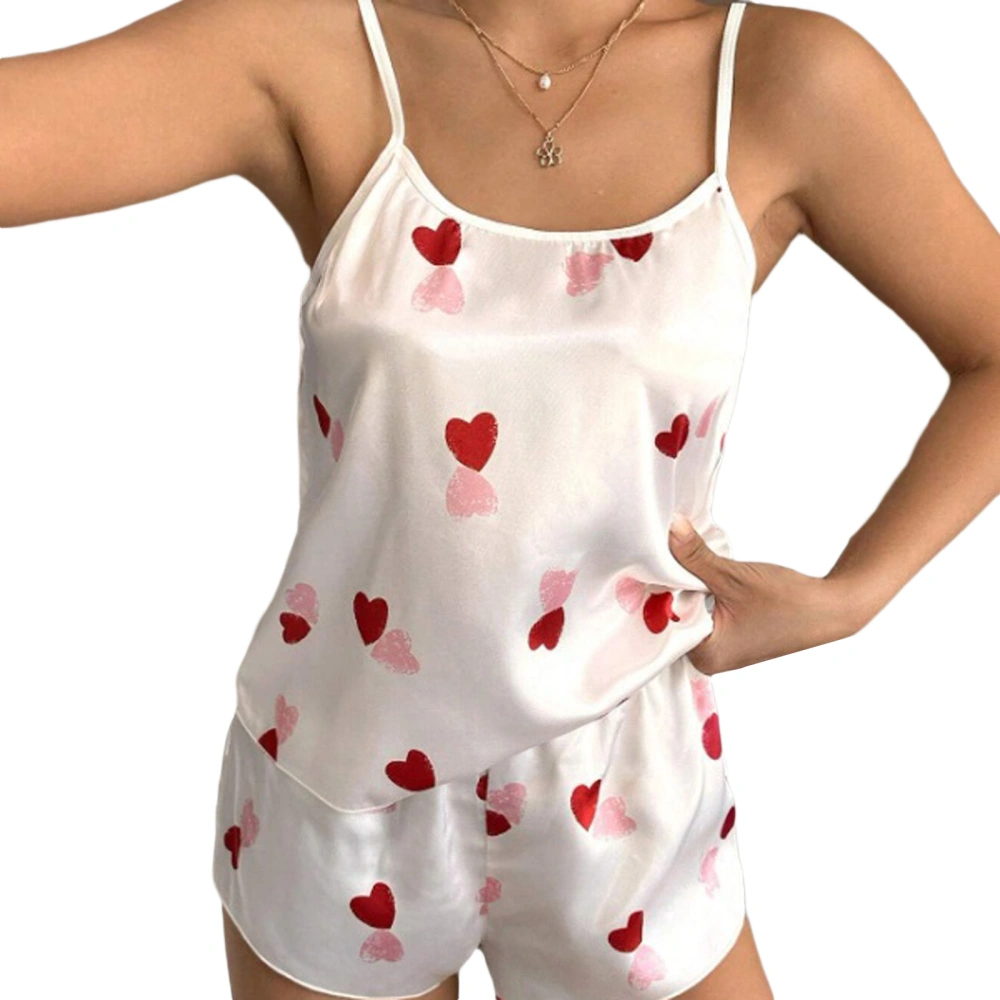 Women Satin Pajama Set Heart Print Cami Tops Shorts Sleepwear Sets