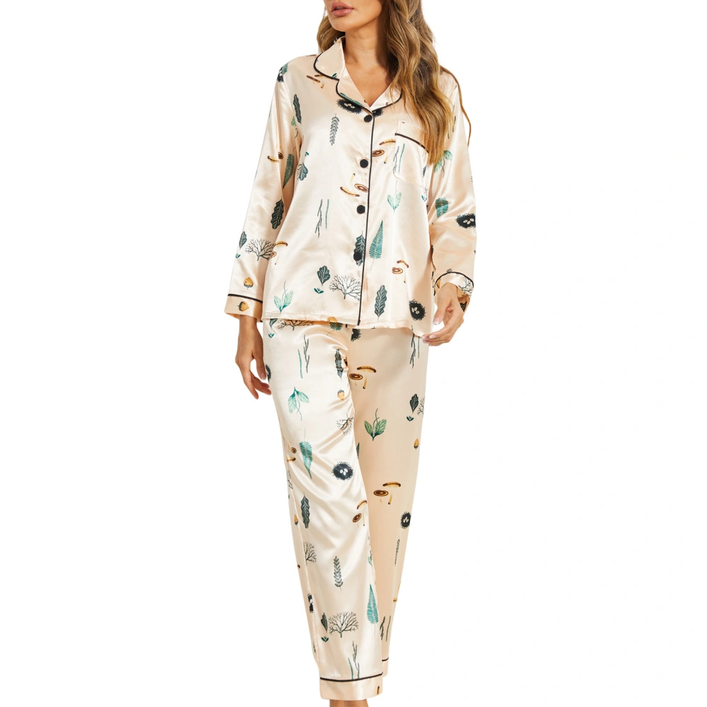 Women Satin Pajamas Lounge Set Leaves Print Tops and Pants Outfits