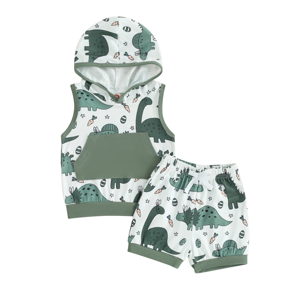 Boy Easter Outfit Dinosaur Print Hood Tank Tops Elastic Waist Shorts