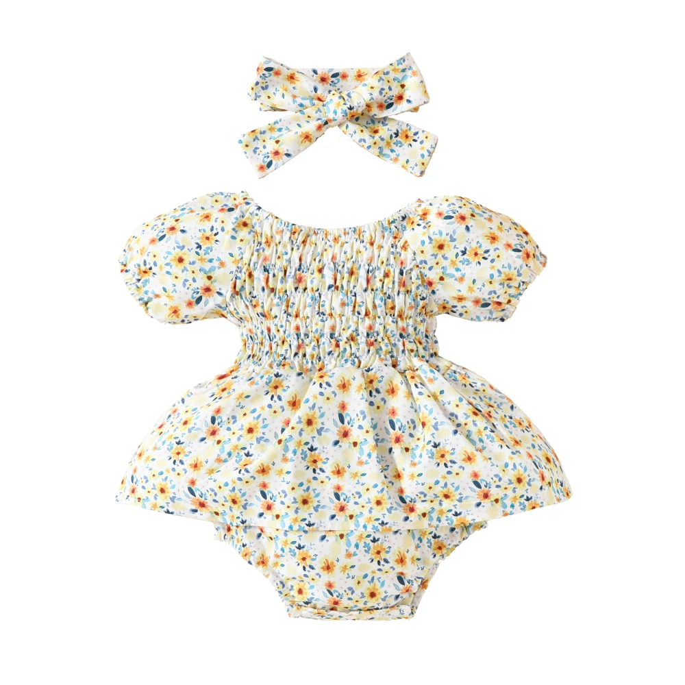 Newborn Girl Outfit, Short Sleeve Pleated Floral Romper Dress Headband