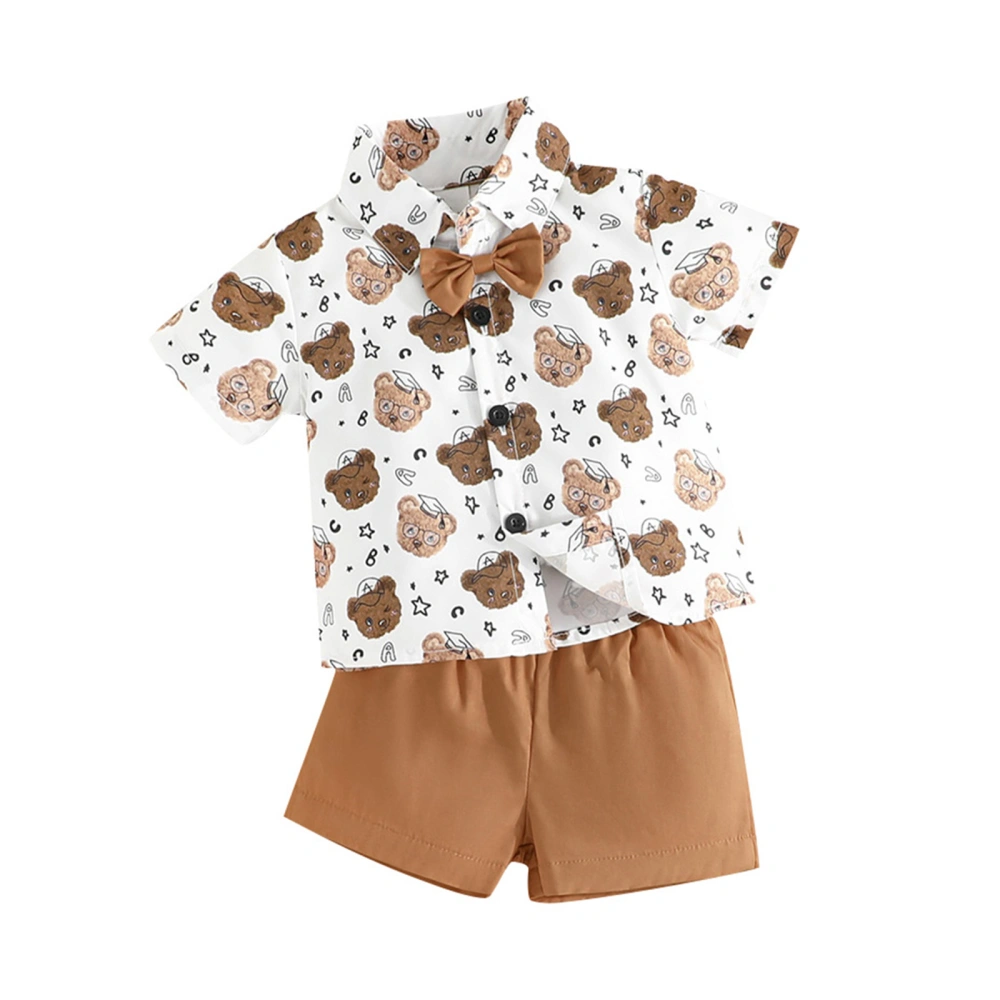 Toddler Boy Gentleman Outfit Bear Print Shirt with Bow Tie and Shorts