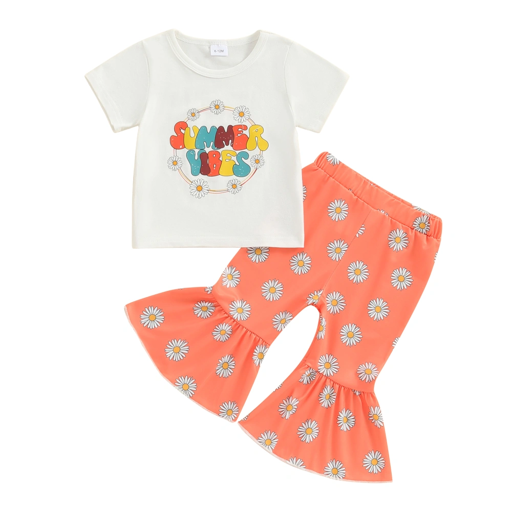 Girls Summer 2 Piece Outfits, Short Sleeve Tops + Daisy Print Pants 