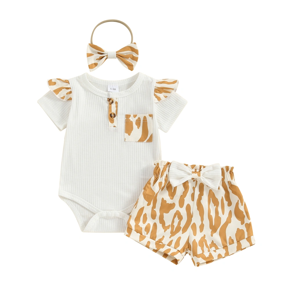 Baby Shorts Sets Ribbed Romper Leopard Print Shorts Headband Set