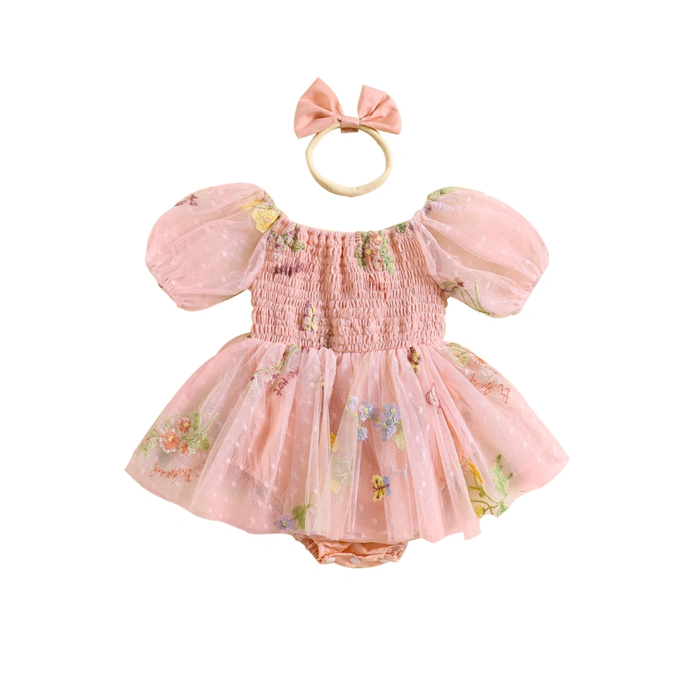 Girls Flower Embroidery Romper Short Puff Sleeves Jumpsuit Headband