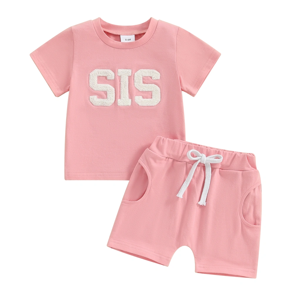 Girls Summer Set, Letter Embroidery Tops + Elastic Waist Shorts 