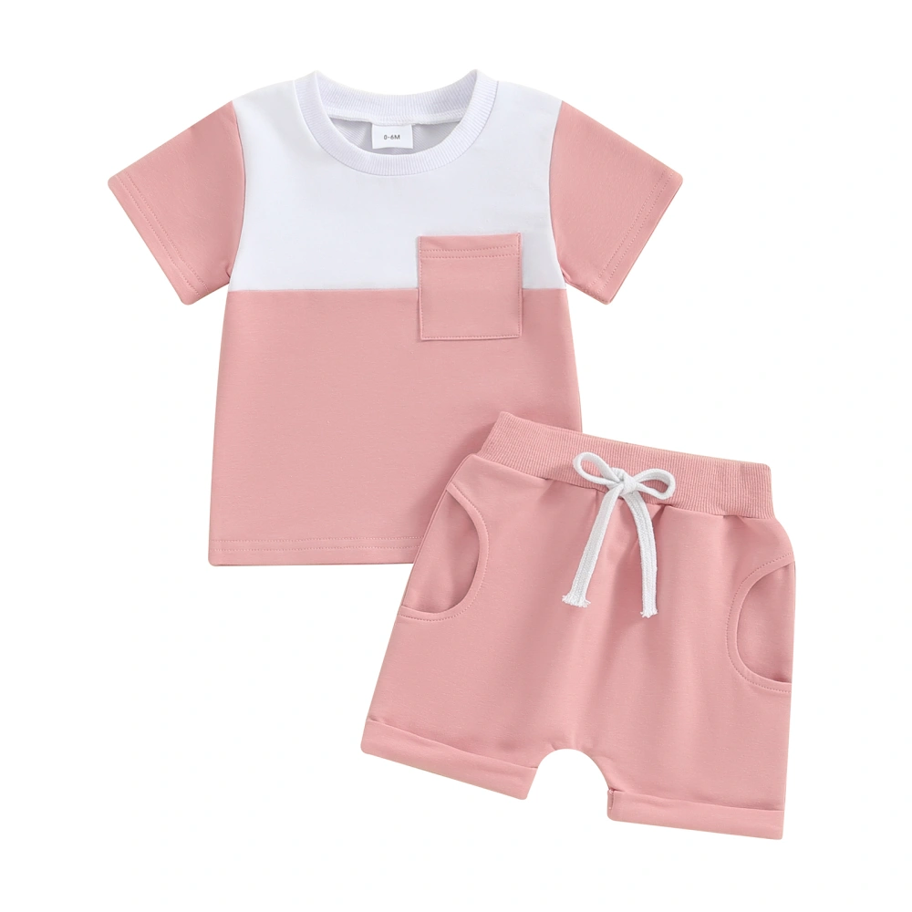 Girls Contrast Color Set, Short Sleeve Tops + Elastic Waist Shorts 