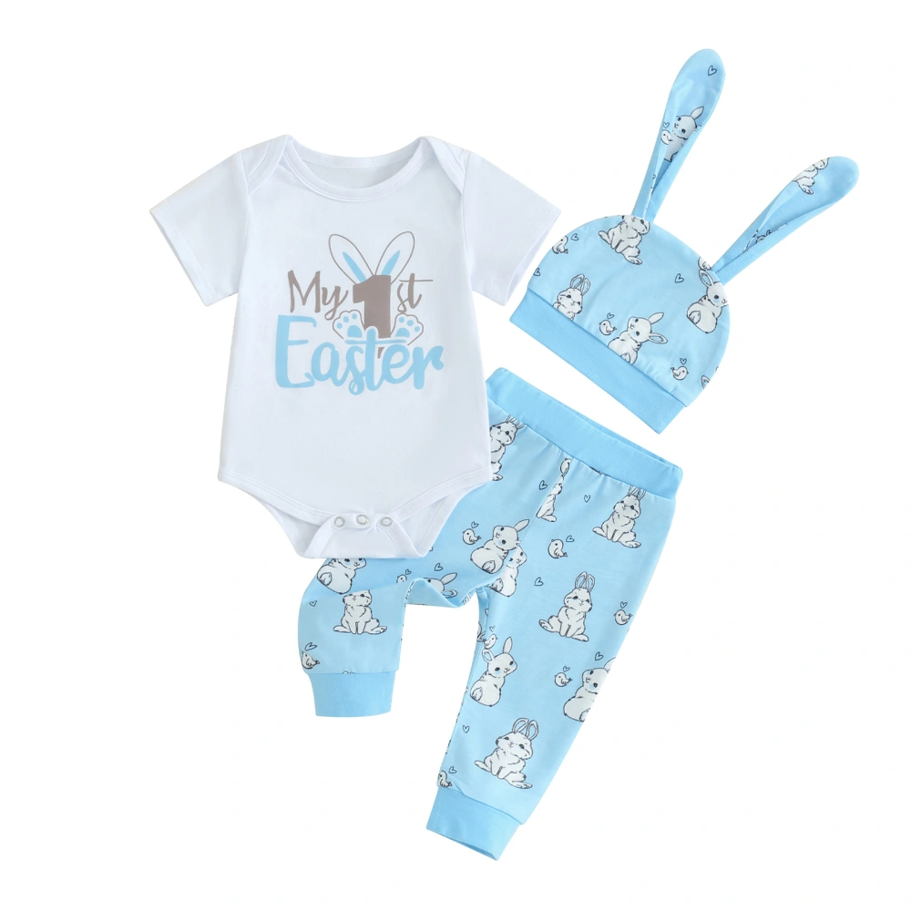 Baby Easter Sets Short Sleeve Letter Print Romper Bunny Pants Hat Set