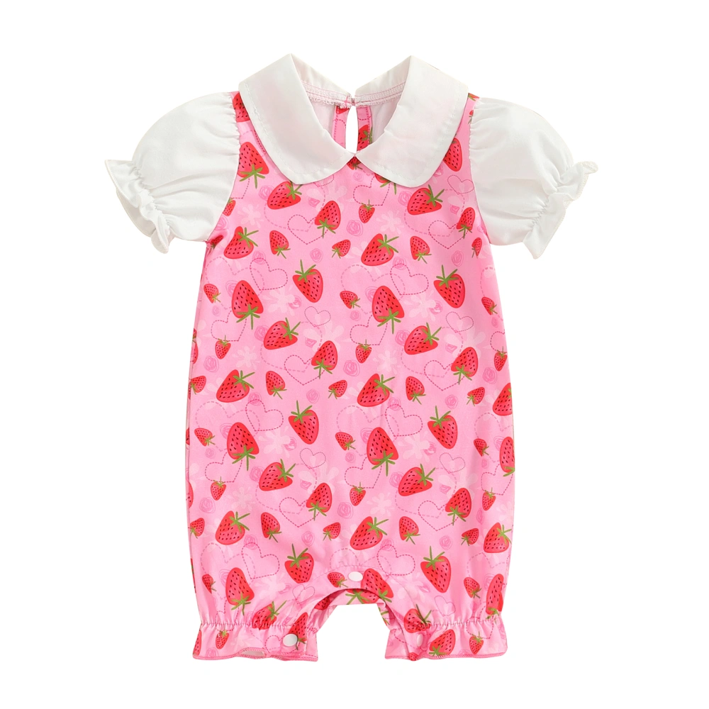 Baby Girl Doll Collar Puff Sleeve Frill Trim Strawberry Print Romper