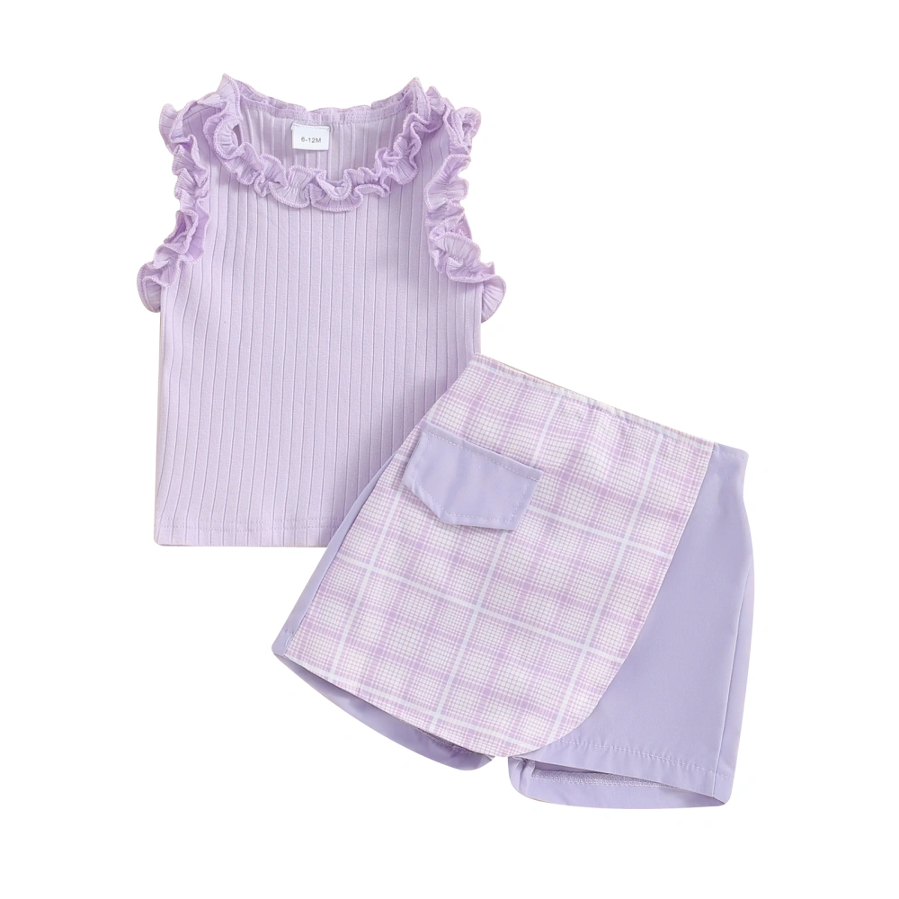 Kids Girl 2 Piece Outfit Ruffle Tank Tops and Plaid Print Shorts Skirt