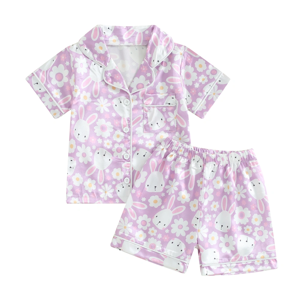 Girls Satin Pajama Set, Short Sleeve Tops + Elastic Waist Shorts 