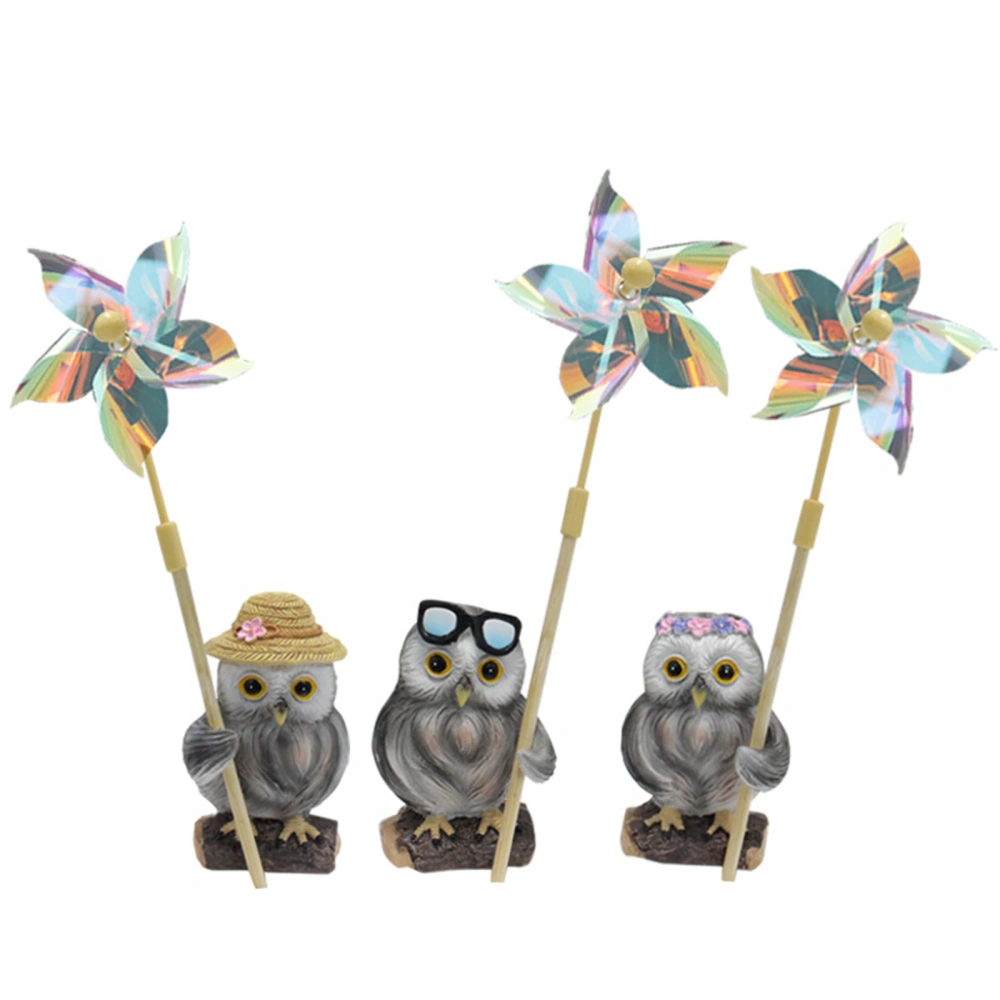 Outdoor Ornaments Set, Cute Owl Resin Decor + Flower Pinwheels Decor