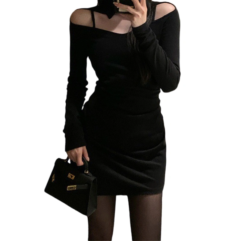 Women Mini Dress Long Sleeve Off Shoulder Solid Color Party Dress