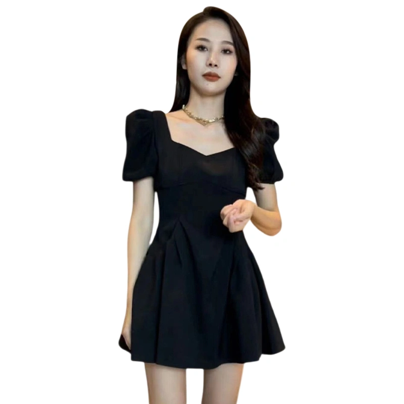 Women Mini Dress Short Puff Sleeve Square Neck Solid Color Dress